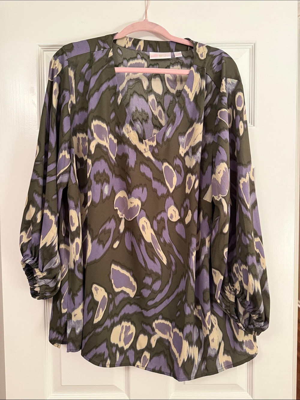 Belle by Kim Gravel Olive, Lilac & Cream Abstract V-Neck Blouse